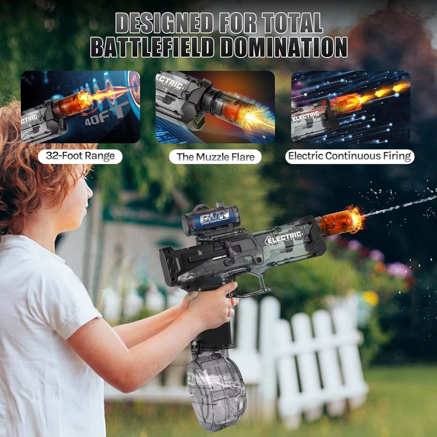 Electric Continuous Firing Water Gun Fully Automatic with Light Flame Large Capacity Water Blaster Summer Outdoor Battle Toy