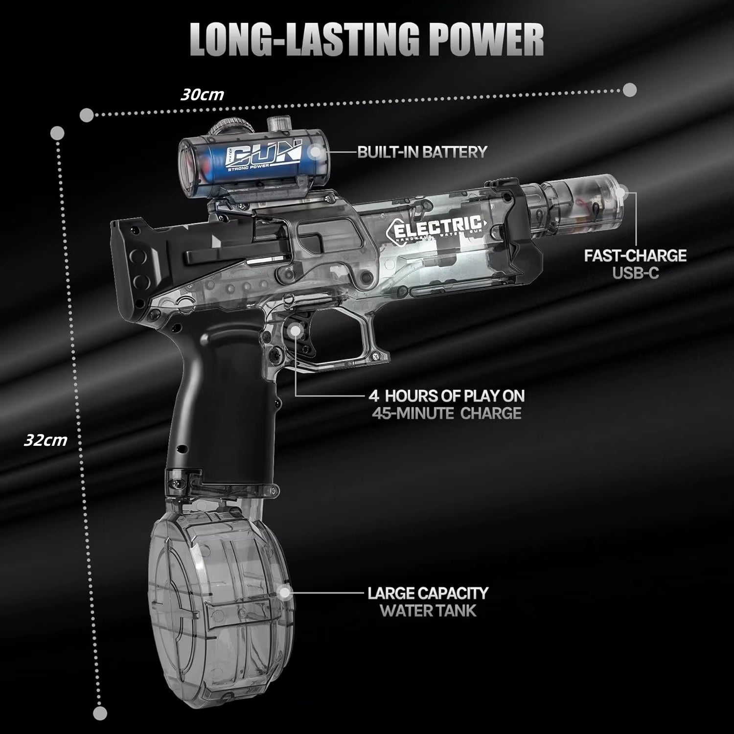 Electric Continuous Firing Water Gun Fully Automatic with Light Flame Large Capacity Water Blaster Summer Outdoor Battle Toy